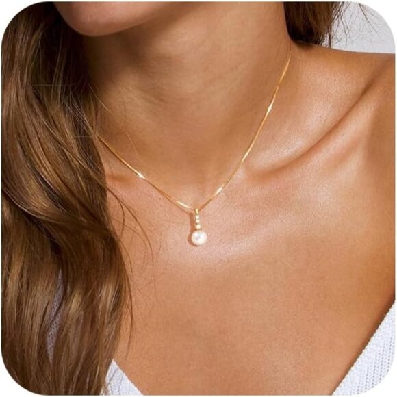 Jewelry - Pearl Gold Necklace for Women: Gold Necklace 14K Gold Plated Pearl Necklace